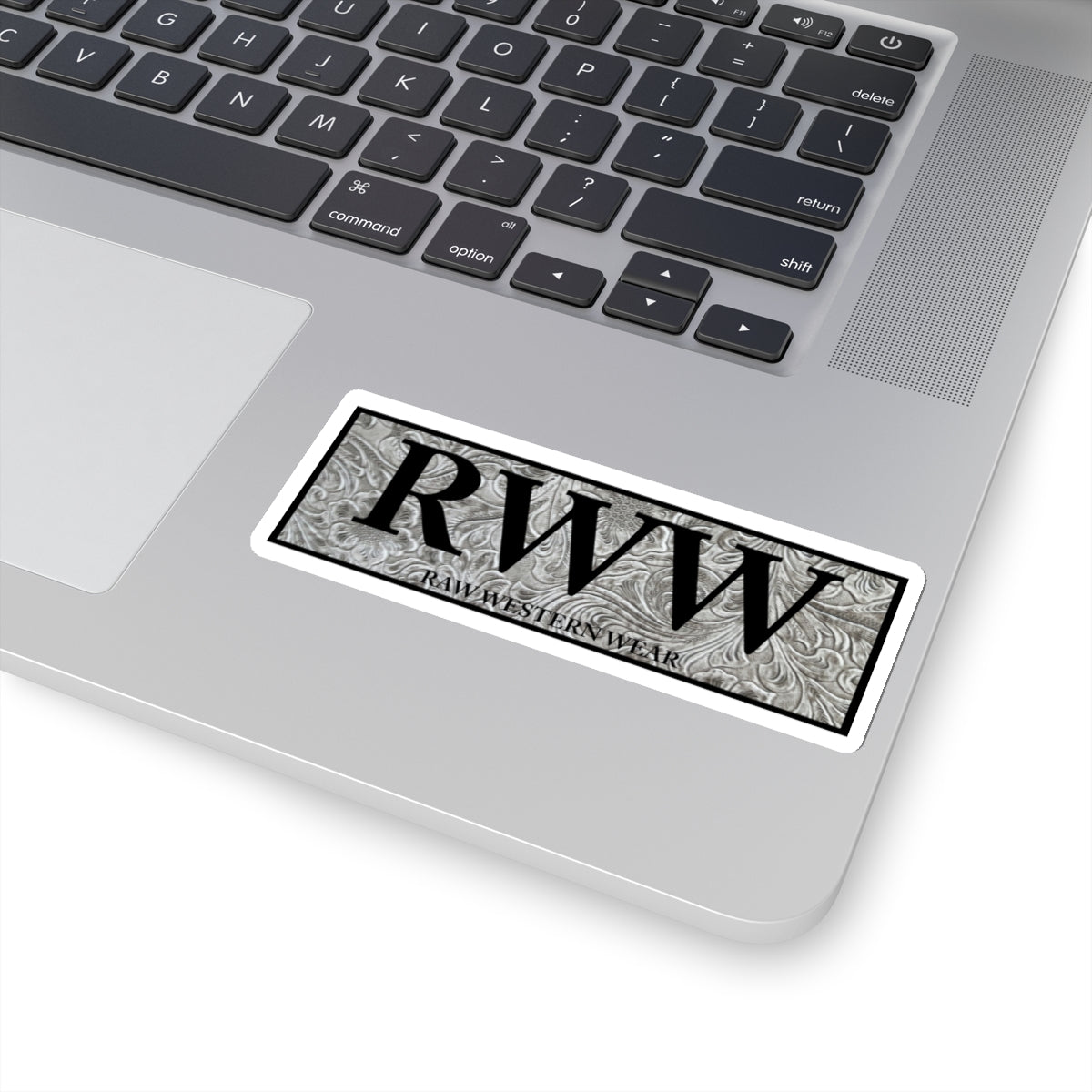Raw Western Wear Black and White Tooled Leather Sticker